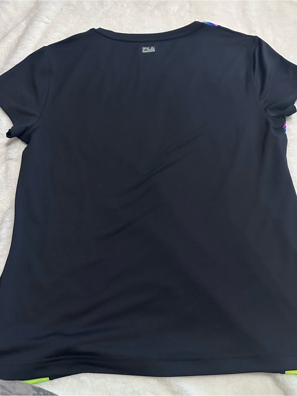 Fila Women’s Black Athletic Tee with Neon Multicolor Stripe Panels - Picture 3 of 5